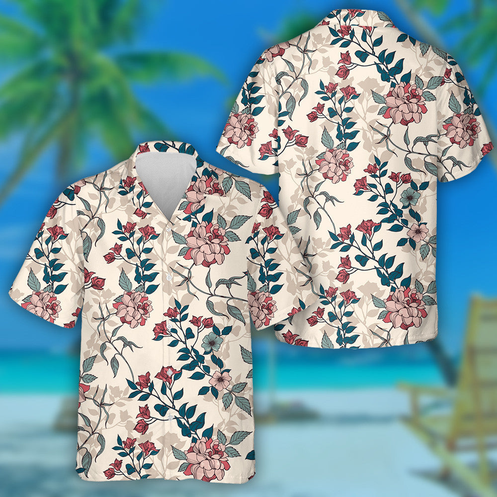 Romantic Flowers Foliage Pattern On Beige Background Hawaiian Shirt, Hawaiian Shirt Gift, Christmas Gift
