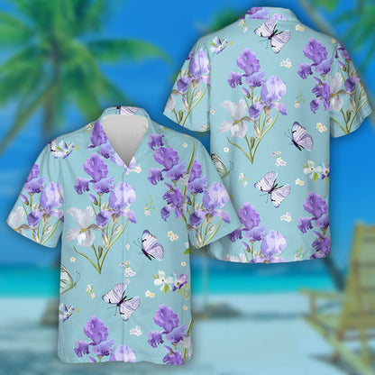 Téama Bláthanna Iris Bhláth Corcra Agus Féileacáin Eitilte Léine Haváí, Bronntanas Léine Haváís, Bronntanas Nollag