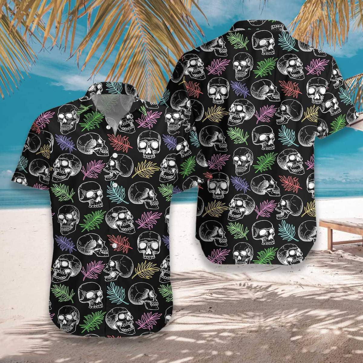 Skulls And Colorful Palm Leaves Pattern Hawaiian Shirt,Hawaiian Shirt Gift, Christmas Gift