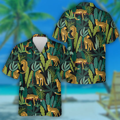 Leopards And Tropical Leaves Trendy Style Hawaiian Shirt, Hawaiian For Gift