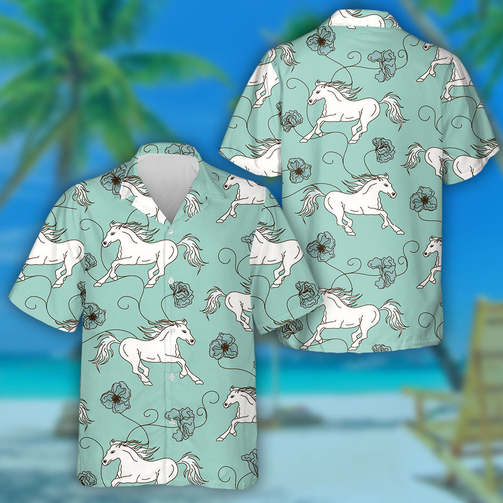 Racing White Horses And Line Flowers Hawaiian Shirt, Hawaiian Shirt Gift, Christmas Gift