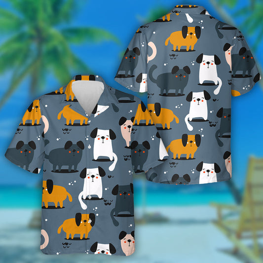 Happy Dogs On Blue Grey Colorful Hawaiian Shirt, Hawaiian For Gift