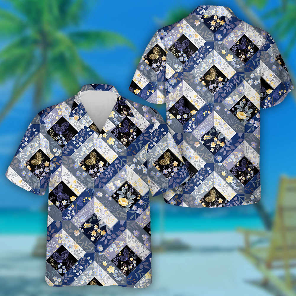 Spring Theme Patchwork With Butterfly On Black Hawaiian Shirt, Hawaiian Shirt Gift, Christmas Gift