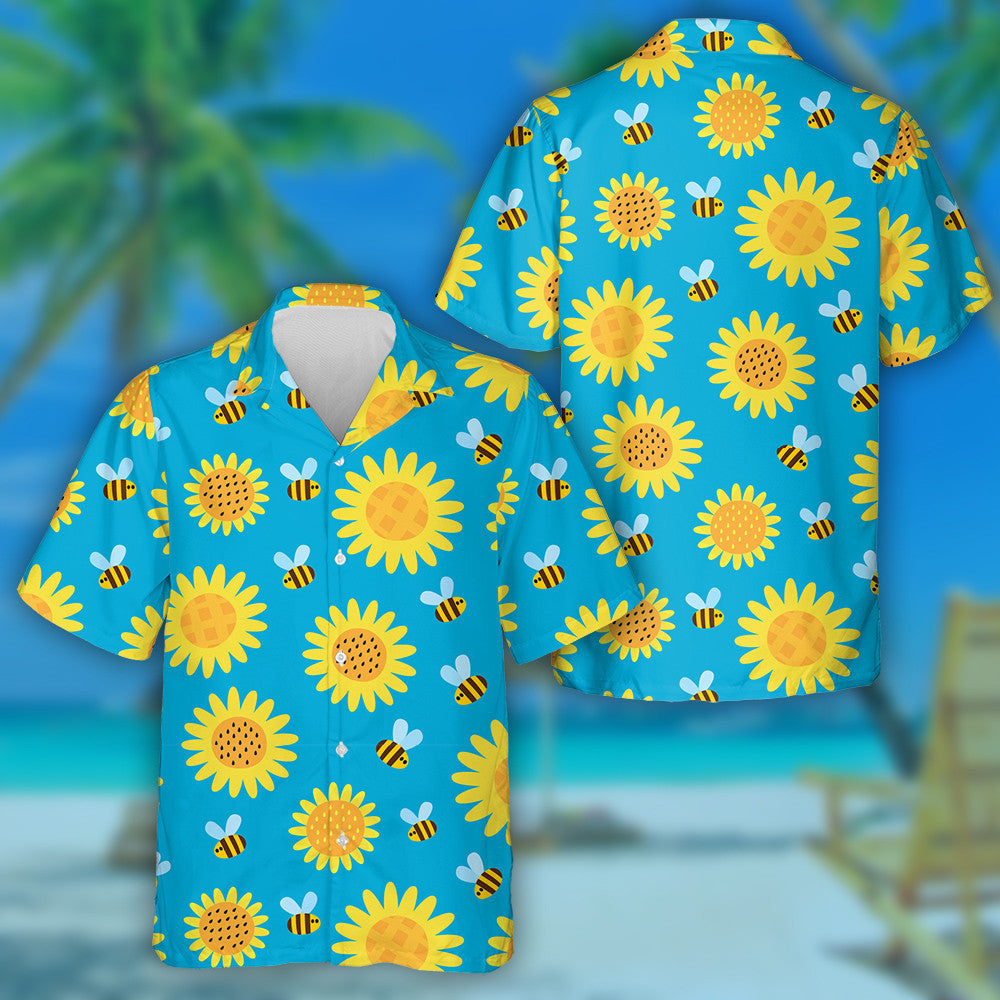 Flying Cartoon Bees And Flowers On Blue Hawaiian Shirt, Hawaiian Shirt Gift, Christmas Gift