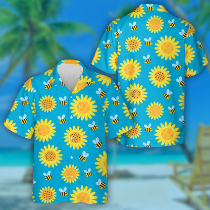 Flying Cartoon Bees And Flowers On Blue Hawaiian Shirt, Hawaiian Shirt Gift, Christmas Gift