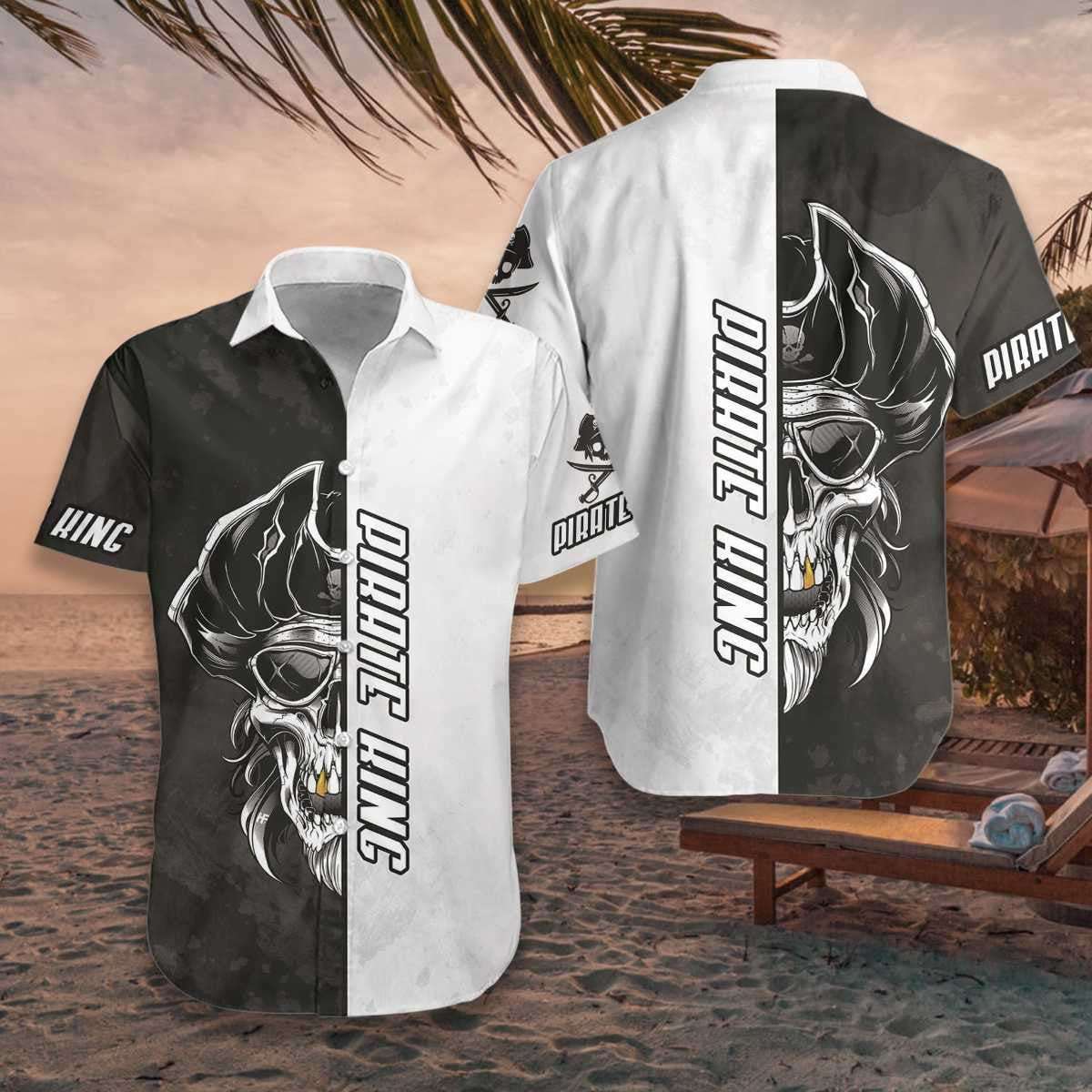 White And Black Pirate Skull Pattern Hawaiian Shirt, Hwaiian For Gift