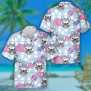 Cute Bulldogs Flower On Triangle Background Hawaiian Shirt,Hawaiian Shirt Gift, Christmas Gift