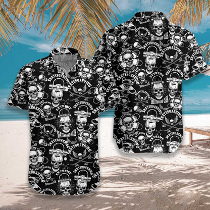 Enticing Skateboard Emblems In Monochrome Style Hawaiian Shirt,Hawaiian Shirt Gift, Christmas Gift