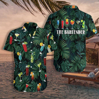 The Tropical Bartender Cocktails On Leaf Pattern Hawaiian Shirt, Hawaiian Shirt Gift, Christmas Gift