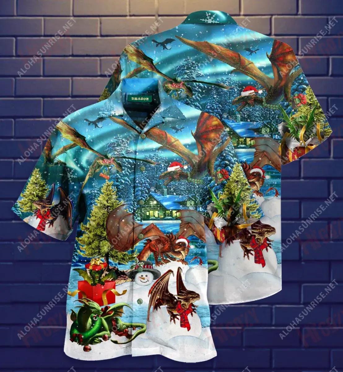 Dragon Merry Christmas Unisex Short Hawaiian Shirt Vacation Short Sleeve Custom Hawaiian Shirts Crazy Shirts Hawaii_Hawaiian Shirt Gift, Christmas Gift