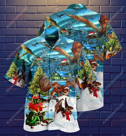 Dragon Merry Christmas Unisex Short Hawaiian Shirt Vacation Short Sleeve Custom Hawaiian Shirts Crazy Shirts Hawaii_Hawaiian Shirt Gift, Christmas Gift