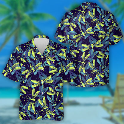 Neon Bright Flying Dragonfly On Dark Hawaiian Shirt, Hawaiian Shirt Gift, Christmas Gift