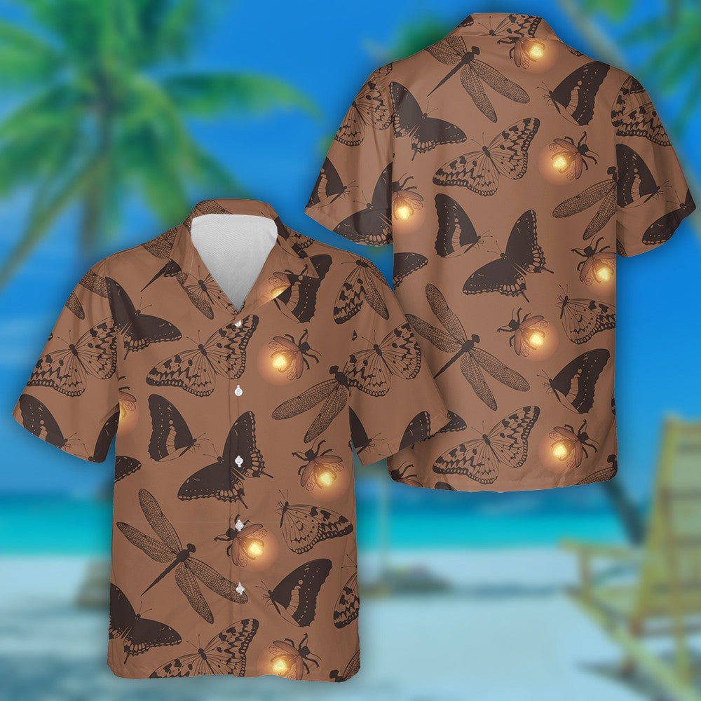 Hand Drawn With Butterfly And Firefly Hawaiian Shirt, Hawaiian For Gift