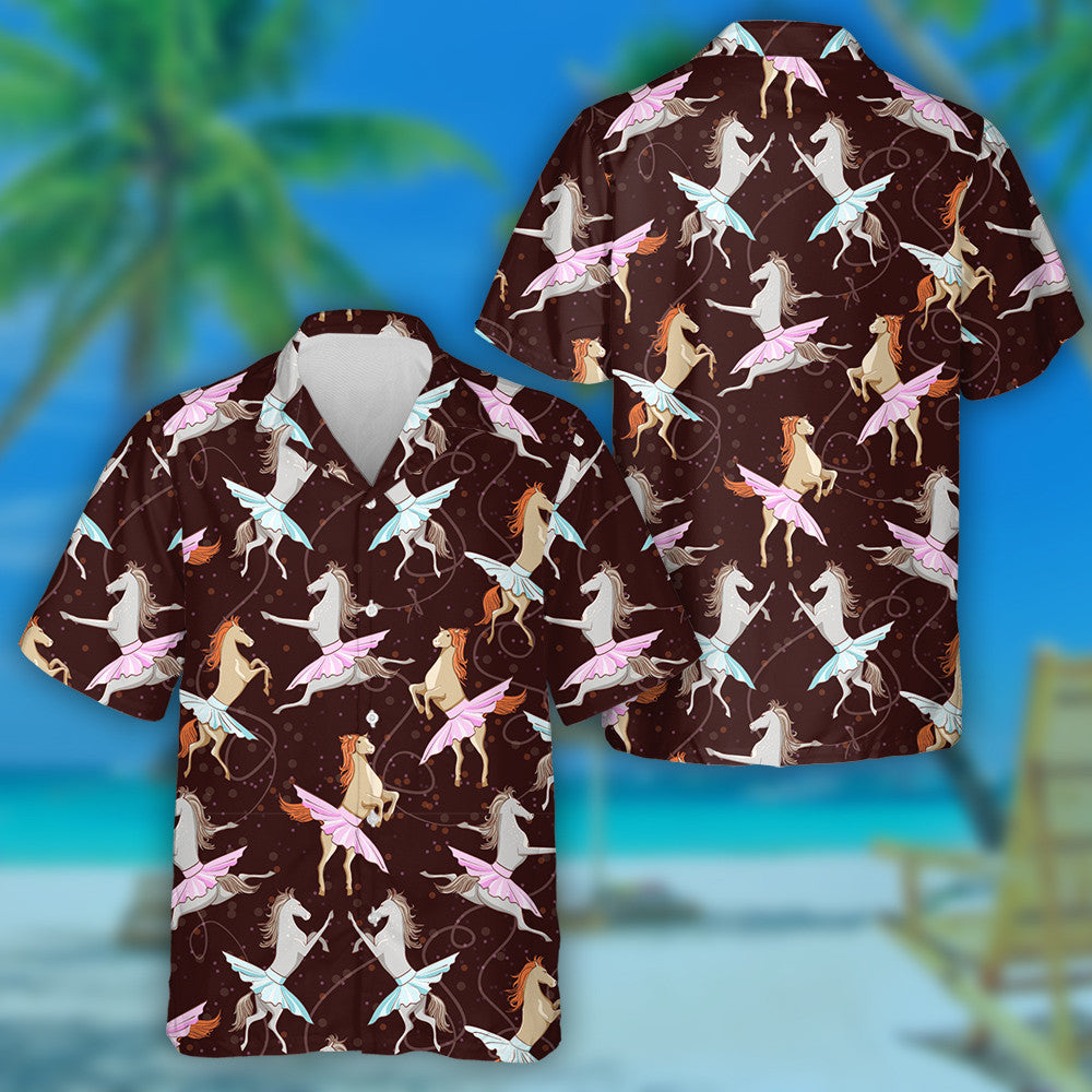 Cartoon Dancing Horses Ballet On Brown Hawaiian Shirt, Hawaiian For Gift