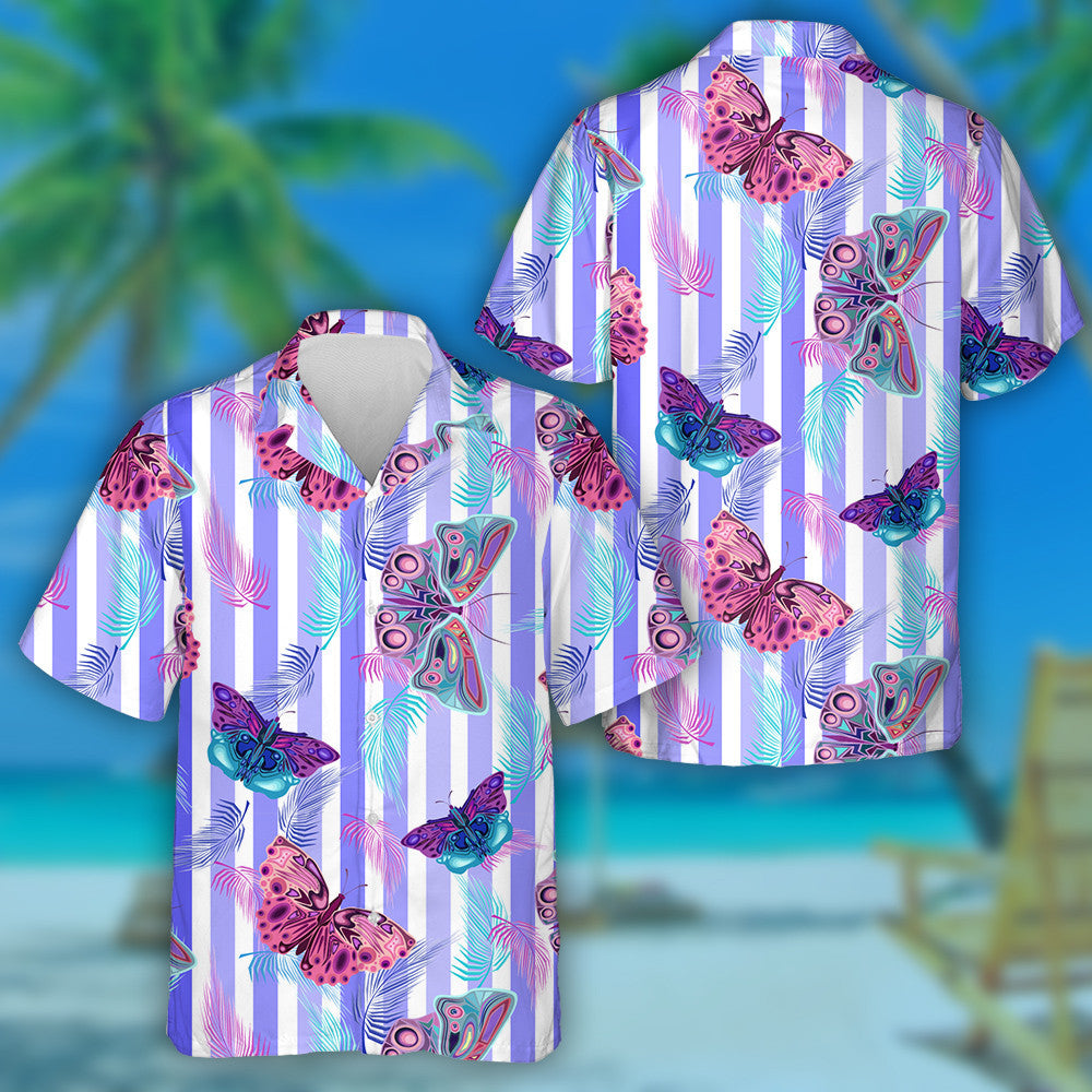 Téama Pretty Mystical Féileacán Agus Duilleoga pailme ar Léine Haváís stiallacha, Bronntanas Léine Haváís, Bronntanas Nollag