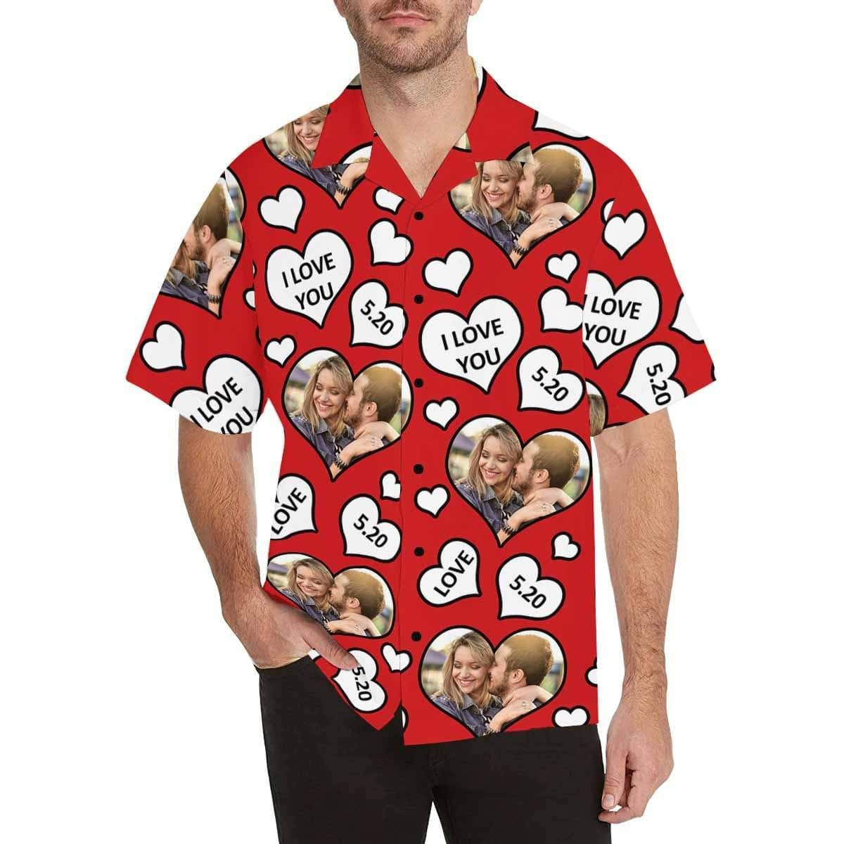 Doodle White Hearts On Red Custom Photo And Number Hawaiian Shirt, Hawaiian Shirt Gift, Christmas Gift