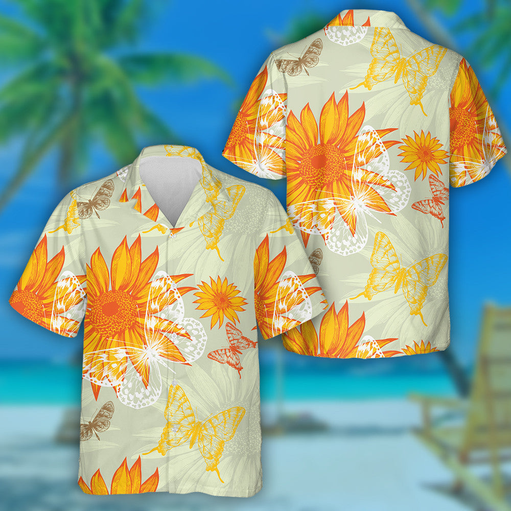 Beautiful Summer Insects And Ornage Sunflower Pattern Hawaiian Shirt, Hawaiian Shirt Gift, Christmas Gift