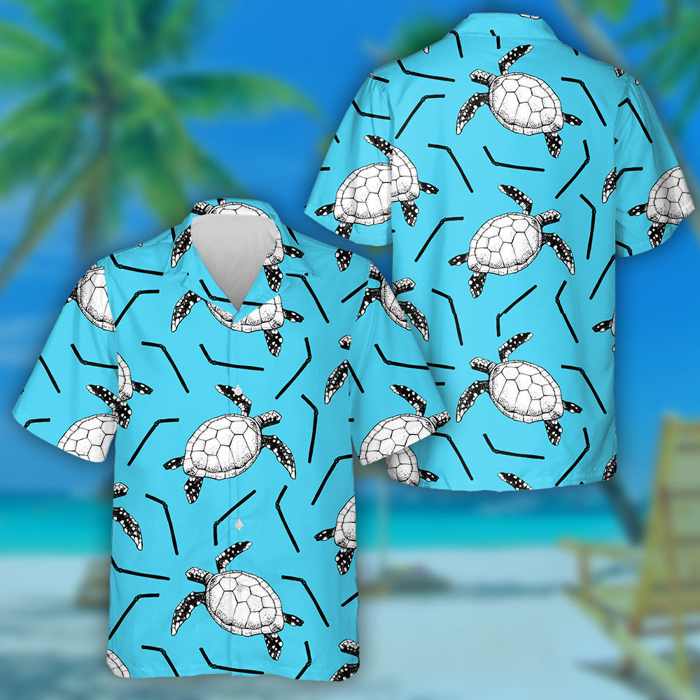 Hand Drawn Sea Turtles And Plastic Straws Hawaiian Shirt, Hawaiian Shirt Gift, Christmas Gift