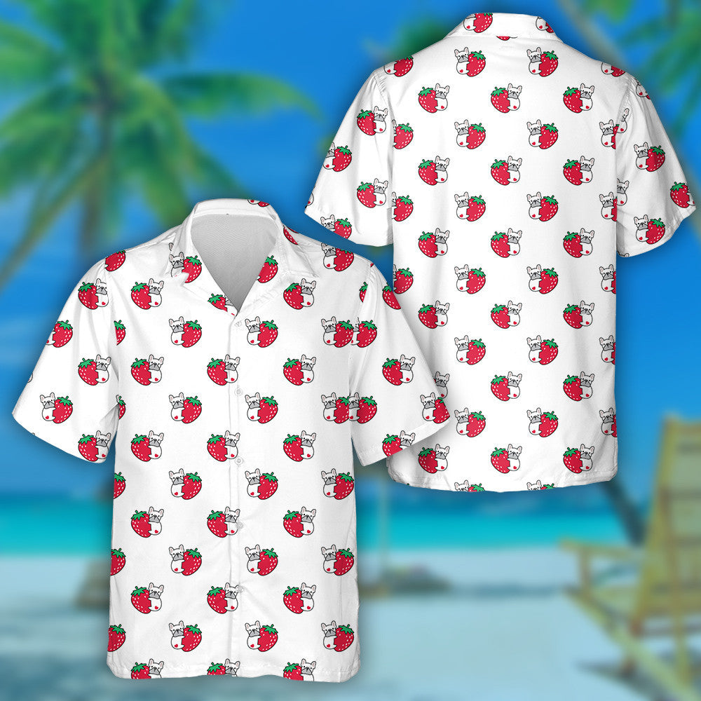 Bulldog Puppy Strawberry Fruit And Heart Hawaiian Shirt, Hawaiian For Gift