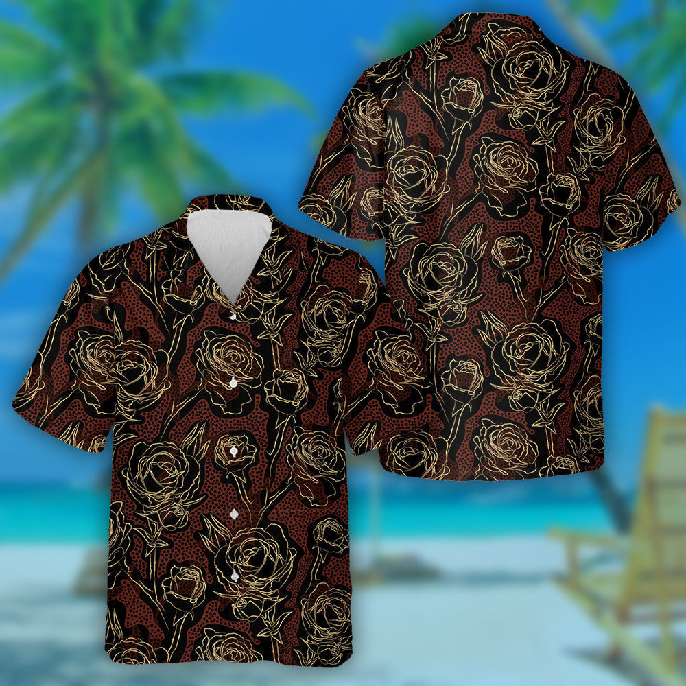 Golden Rose Flowers On Spotted Leopard Hawaiian Shirt,Hawaiian Shirt Gift, Christmas Gift