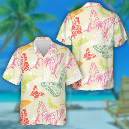Flying Butterflies And White Flora Background Hawaiian Shirt,Hawaiian Shirt Gift, Christmas Gift