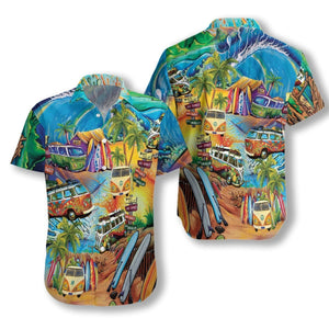 Hippie Bus Tropical Background Design Hawaiian Shirt, Hawaiian For Gift