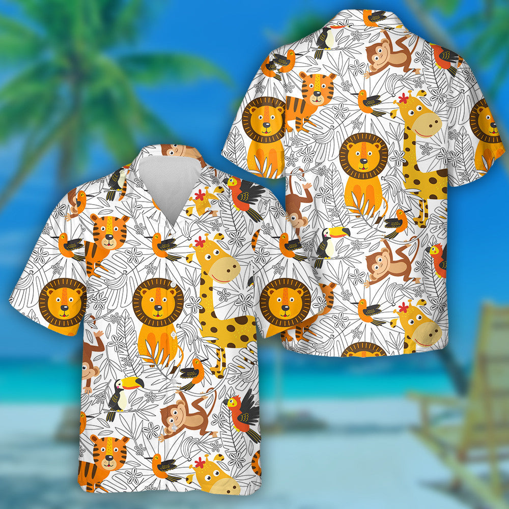 Sketchy Coloring Palm Jungle With Animals Pattern Hawaiian Shirt, Hawaiian Shirt Gift, Christmas Gift
