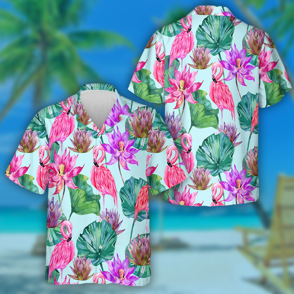 Pink Lotus Tropical Flowers Leaves And Flamingos Hawaiian Shirt, Hawaiian Shirt Gift, Christmas Gift