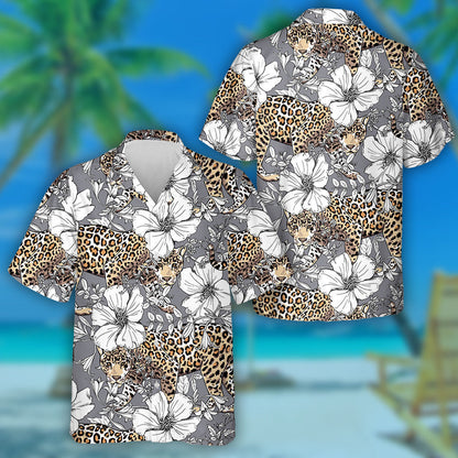 Gold Leopard And White Hibiscus Flowers Hawaiian Shirt,Hawaiian Shirt Gift, Christmas Gift
