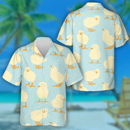 Cute Chicken On Dotted Blue Background Hawaiian Shirt,Hawaiian Shirt Gift, Christmas Gift