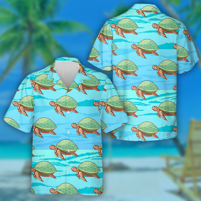 Green Sea Pixel Turtles In The Ocean Hawaiian Shirt, Hawaiian Shirt Gift, Christmas Gift