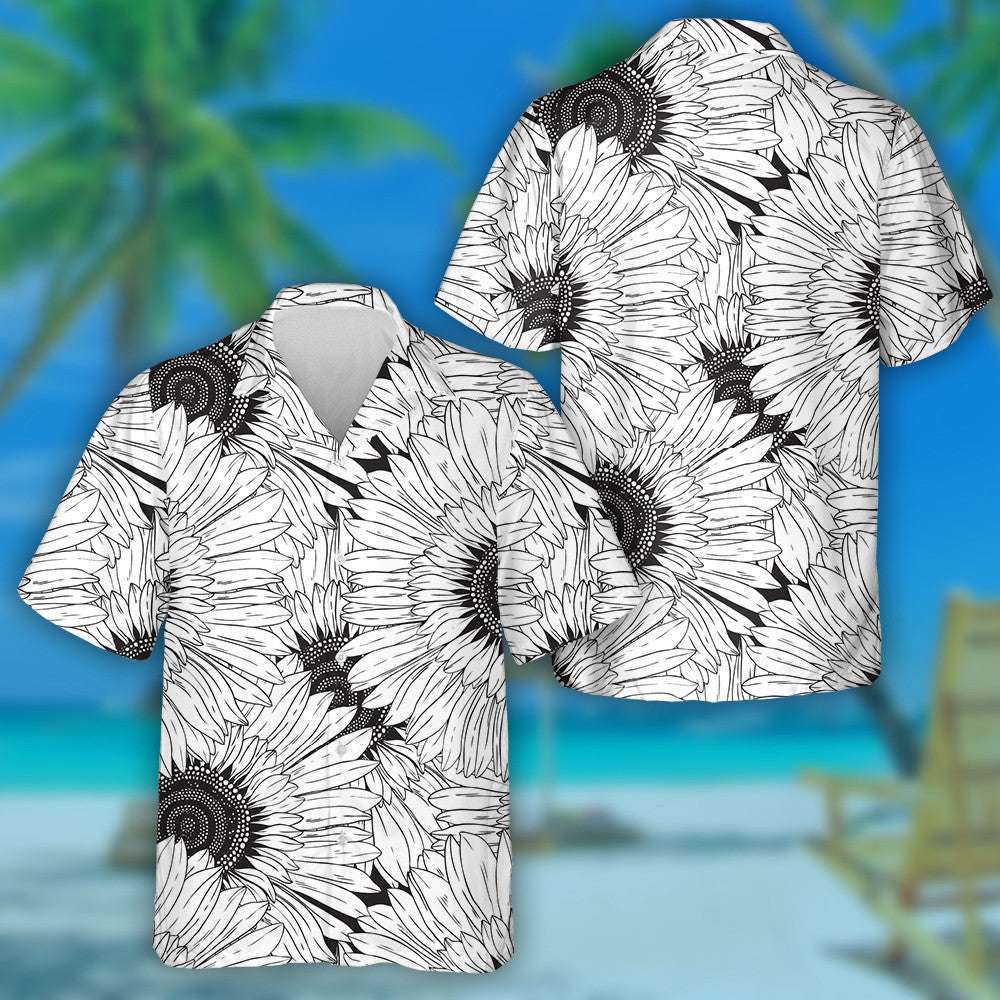 Modern Abstract Black And White Sunflowers Pattern Hawaiian Shirt, Hawaiian Shirt Gift, Christmas Gift