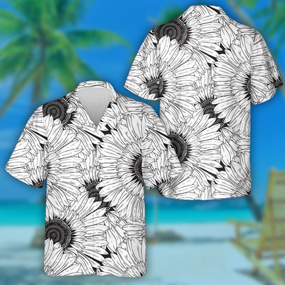 Modern Abstract Black And White Sunflowers Pattern Hawaiian Shirt, Hawaiian Shirt Gift, Christmas Gift