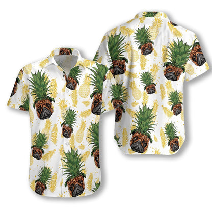 Pug Pineapple Head Dearadh Greannmhar Cúlra Bán Léine Haváís, Bronntanas Léine Haváís, Bronntanas Nollag