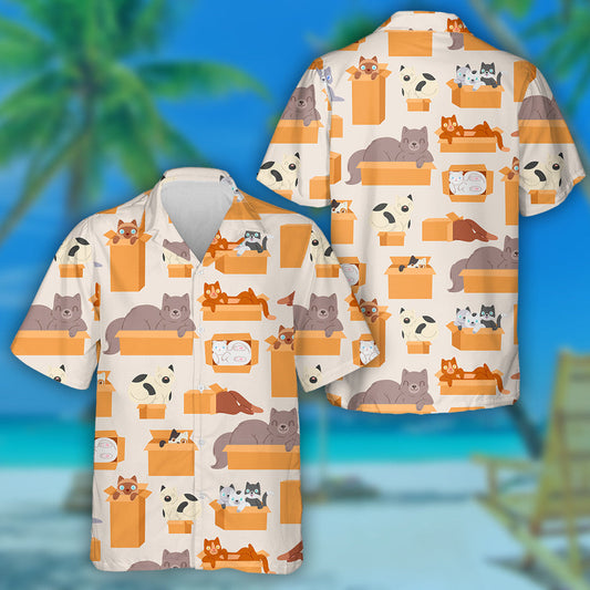 Cats In Cardboard Transportation Boxes Cartoon Hawaiian Shirt, Hawaiian For Gift