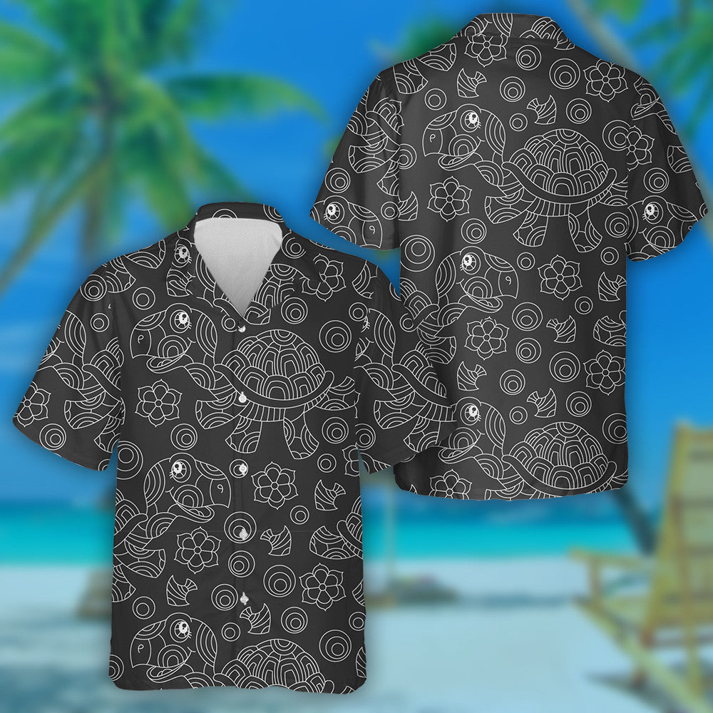 Light Contour Cartoon Fun Turtles And Fish Hawaiian Shirt, Hawaiian Shirt Gift, Christmas Gift