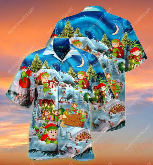 Elves Ar an gCrann Nollag Léine Gearr Haváís Laethanta Saoire Aloha Shirt Léinte Haváís is Fearr Léinte Greannmhar Haváís, Léine Haváís, Bronntanas Nollag