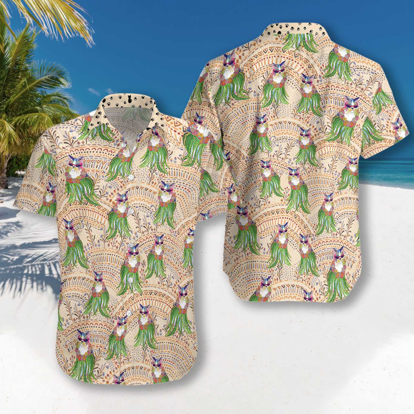 Patrún Eitneach Cat Hula Dearadh Tarraingteach Léine haváíais, Haváís Le Bronntanas