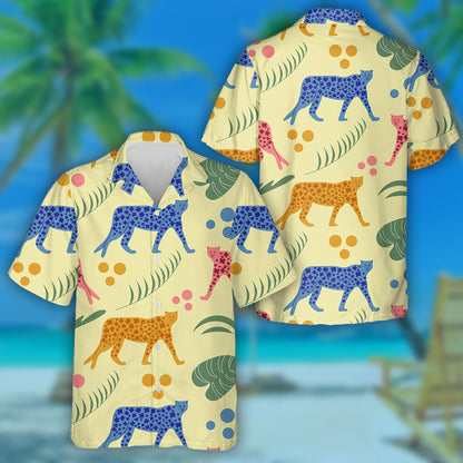 Hand Drawn Leopard Cheetah And Palm Leaves Hawaiian Shirt, Hawaiian Shirt Gift, Christmas Gift