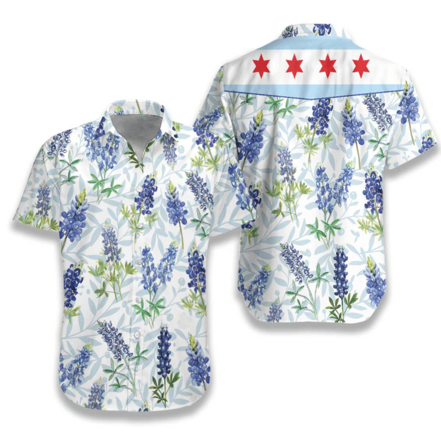 Chicago Bluebonnet Flag And Leaves Pattern Hawaiian Shirt, Hawaiian For Gift