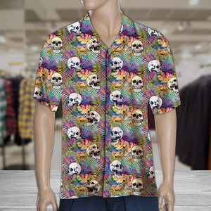 Hawaiian Shirt Neon Jungle With Tropical Flowers And Gray Skull Heads, Hawaiian Shirt Gift, Christmas Gift