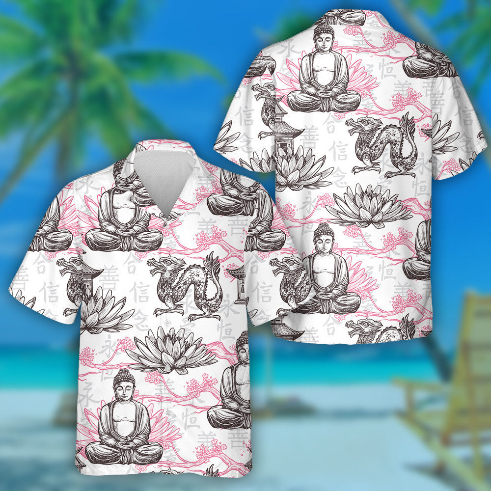 Sketch Pagoda Building Lotus Flower And Dragon Hawaiian Shirt, Hawaiian Shirt Gift, Christmas Gift