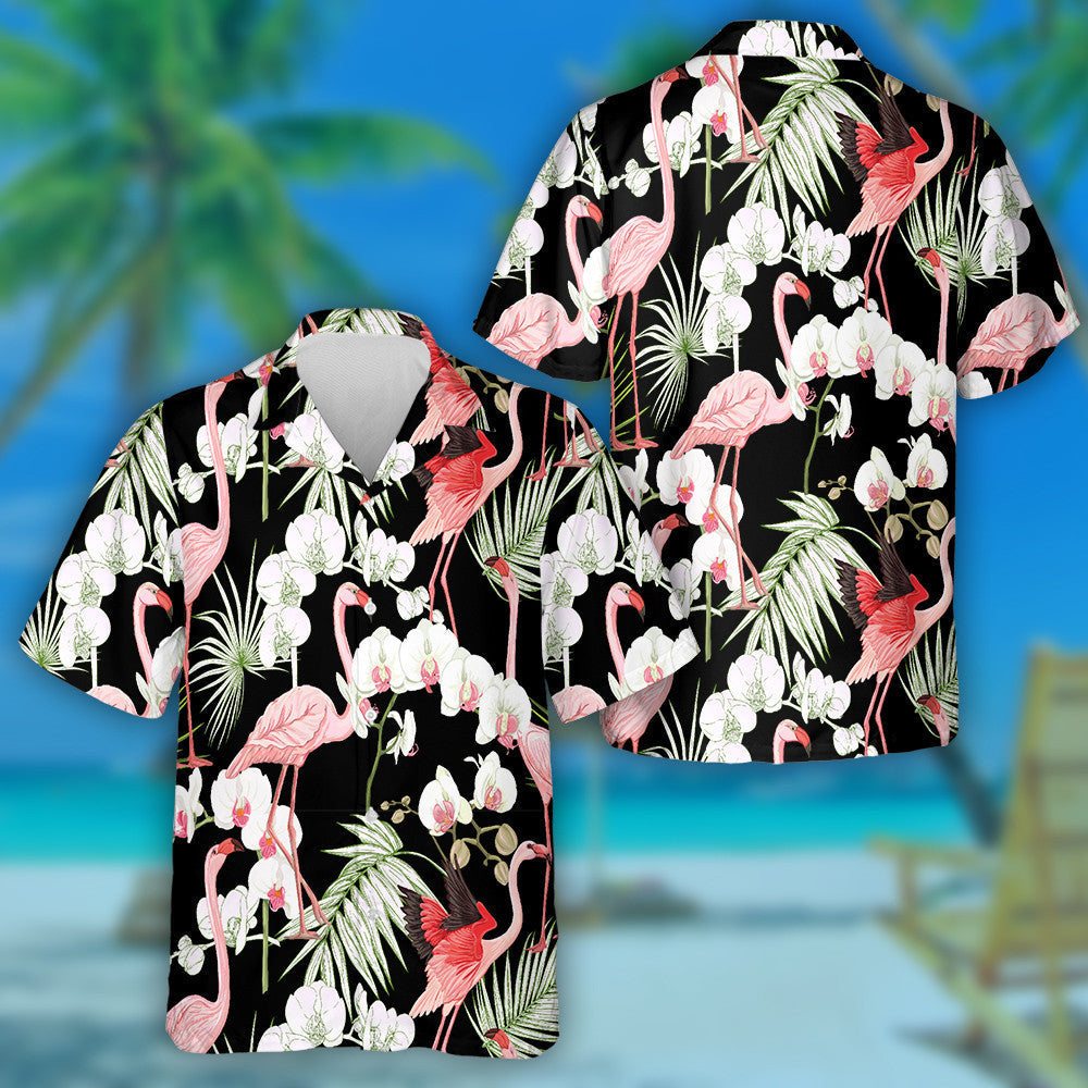 Tropical Plants White Orchid Flowers And Flamingo Hawaiian Shirt, Hawaiian Shirt Gift, Christmas Gift