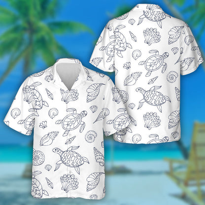 Sketch Of Turtles Starfish And Sea Shells Hawaiian Shirt, Hawaiian Shirt Gift, Christmas Gift