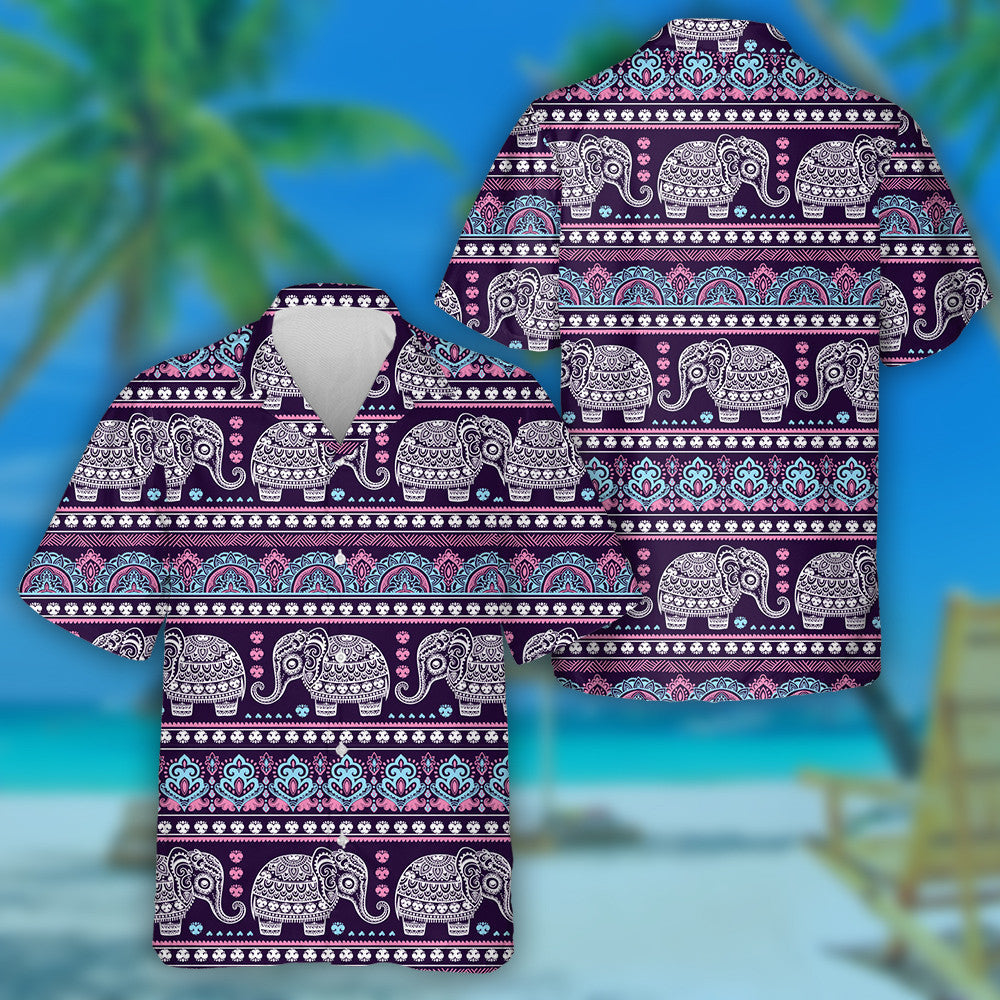 Indian Lotus Ethnic Elephant On Violet Background Hawaiian Shirt, Hawaiian Shirt Gift, Christmas Gift