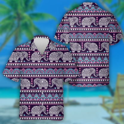 Indian Lotus Ethnic Elephant On Violet Background Hawaiian Shirt, Hawaiian Shirt Gift, Christmas Gift