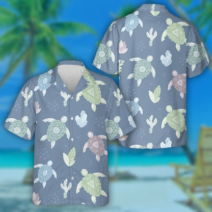 Sea Life Elements Cartoon Turtle Doodle Hawaiian Shirt, Hawaiian Shirt Gift, Christmas Gift