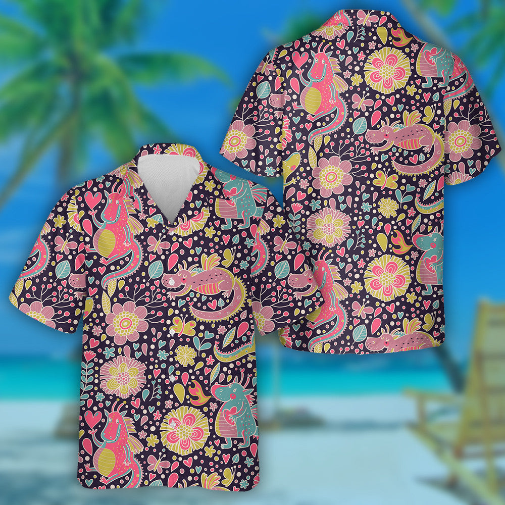 Sweet Background With Flowers And Cartoon Dragons Hawaiian Shirt, Hawaiian Shirt Gift, Christmas Gift