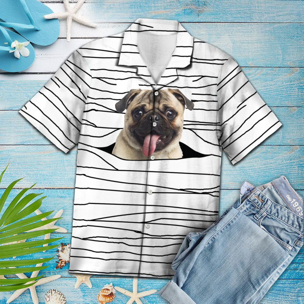 Hawaiian Shirt Mummies Pug Doodle Black Lines In White, Hawaiian Shirt Gift, Christmas Gift