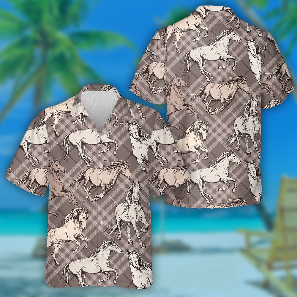 The Running Beautiful Horses On Vintage Checkered Hawaiian Shirt,Hawaiian Shirt Gift, Christmas Gift